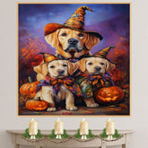 Labrador Puppies Halloween Canvas Wall Art with Pumpkins and Witch Hats Rustic Fall Farmhouse Decor on Ready to Hang 1.5" Thick Canvas Wrap, Floating Framed Canvas, Flat Rolled Canvas